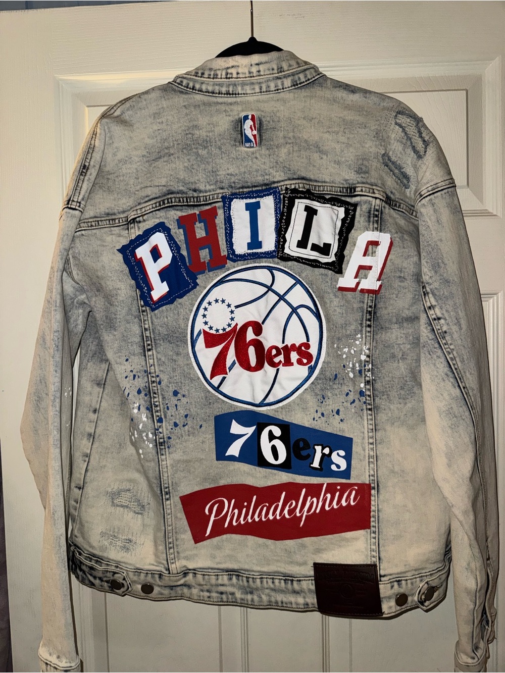 Philadelphia 76ers Distressed Denim Jacket - Red, White & Blue